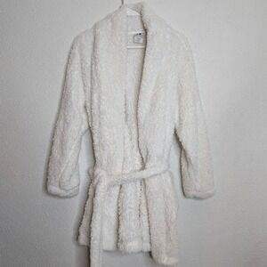 NATORI Plush Fleece Lounge Belted Cardigan Bathrobe Womens Size Large White Cozy